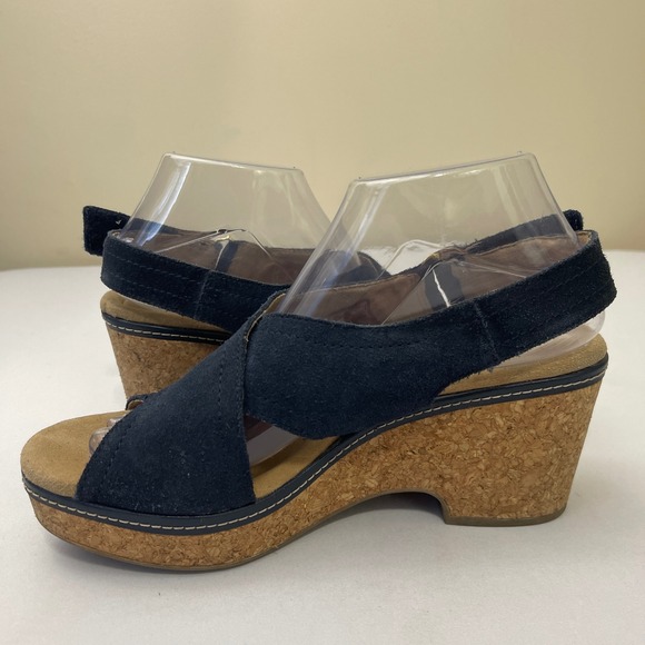 Clarks Giselle Cove Navy Blue Suede Leather Cork Wedge Sandals Women Size 9 - Picture 6 of 9